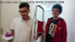 Two dudes helped brunette's broadband booty troubles