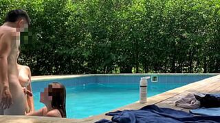 Natasha and Megan tan; guy cleans pool, then swims nude with the lucky one