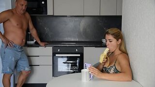 I saw my wife swallowing a banana and fucked her in the morning