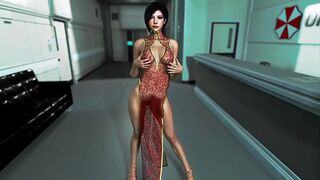 Gorgeous Ada Wong in a transparent dress dances in the Umbrella office