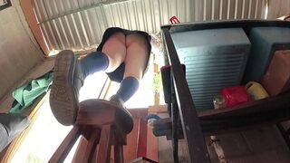 I'm wearing a skirt —  I can't reach it —  a big-ass student is filmed under a skirt